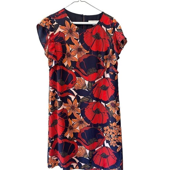 Loft Dresses | Loft Navy Blue Orange Red Floral Print Flared...  Size S/P - Picture 2 of 4